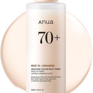 ANUA Rice 70 Glow Milky Toner, for Glass Skin, Rice Water, Niacinamide, Ceramides, Panthenol, Non comedogenic, Fungal Acne Safe, Korean Skin Care, 250ml/8.45fl.oz.